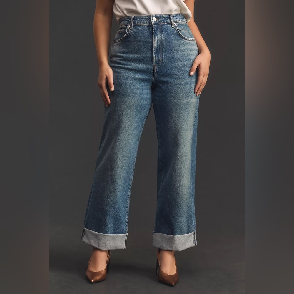 Pilcro Wide-Leg Cuffed Jeans in Blue Denim